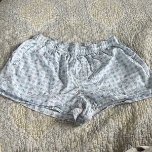 Light Blue Floral Check Cotton Pajama Shorts - Women